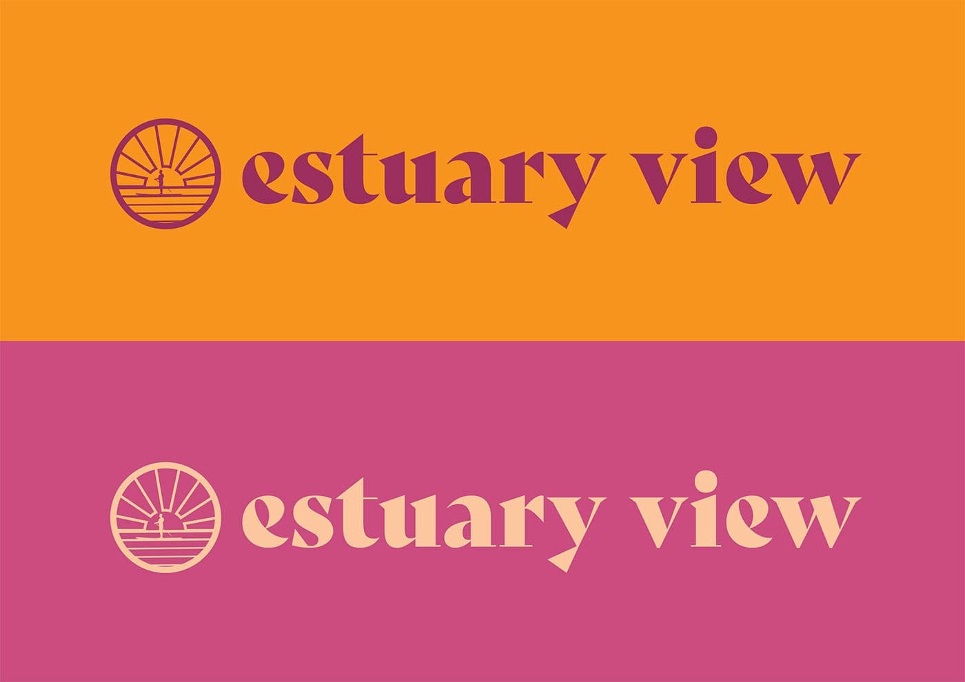 Estuary View logo on orange and on pink colour panels