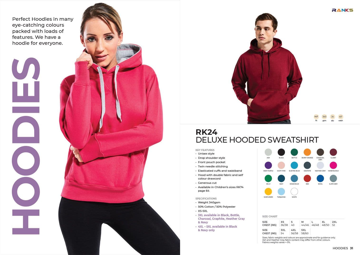 Hoodies spread from the RANKS 2026/27 collection catalogue, featuring the RK24 Deluxe Hooded Sweatshirt and colour swatches